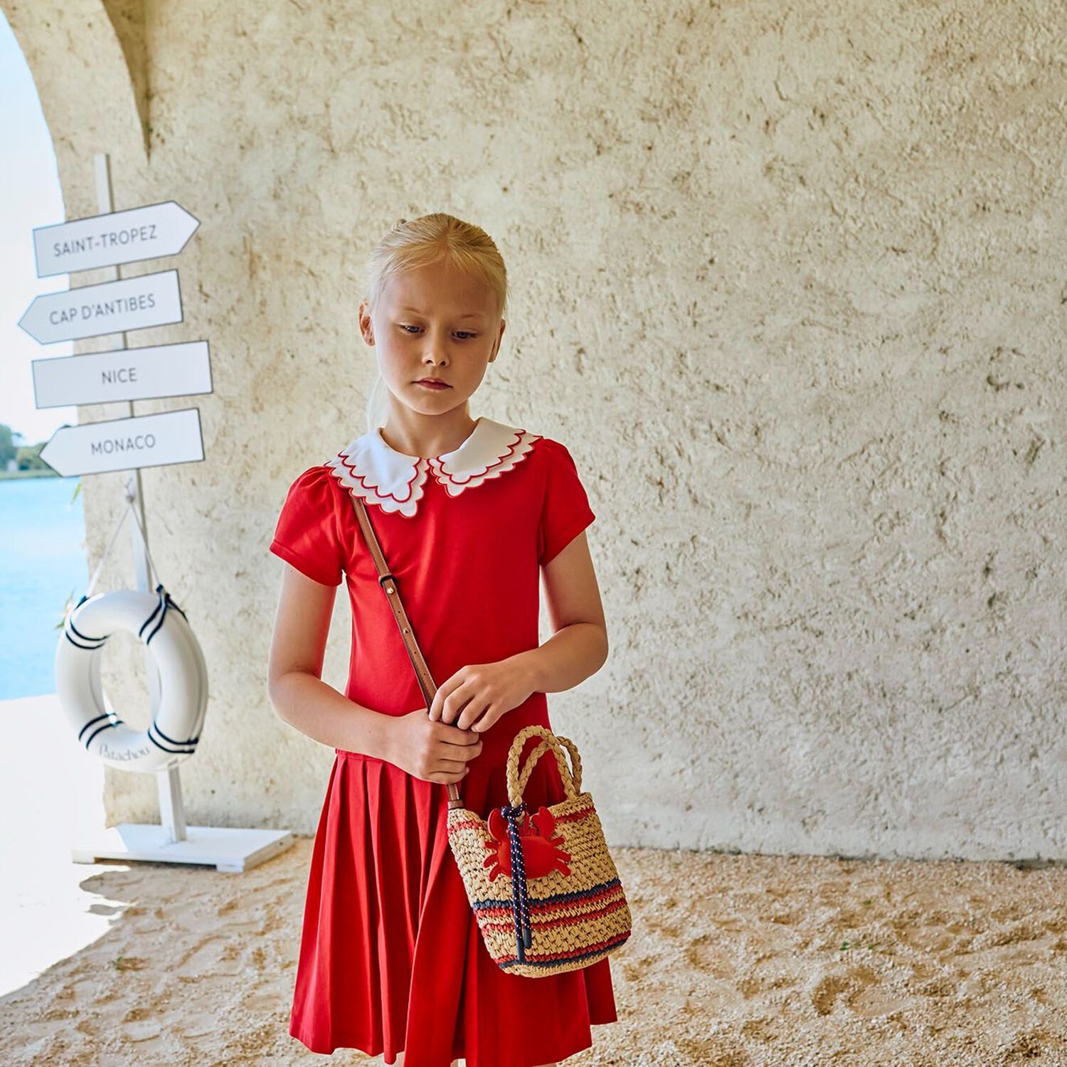 Girls Red Pleated Dress, 2, hi-res
