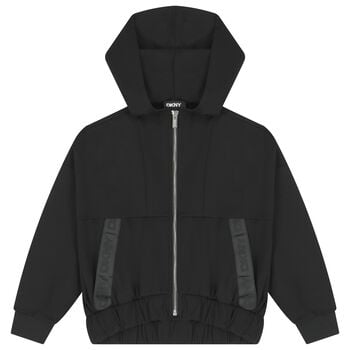 Girls Black Logo Hooded Zip-Up Top