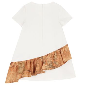 Girls White & Beige Geo Map Dress