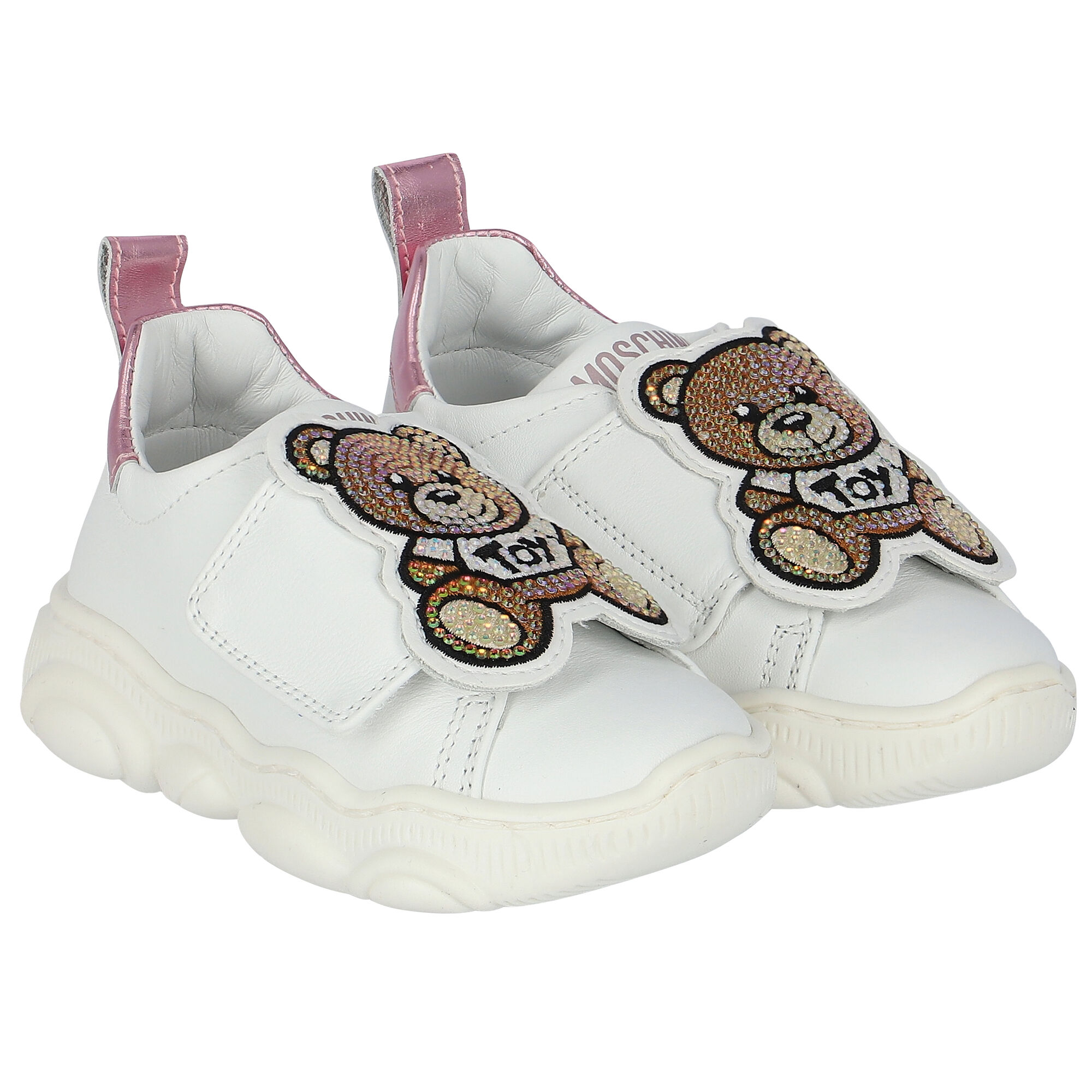 Moschino Girls White Embellished Teddy Logo Trainers Junior Couture
