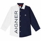 Boys White & Navy Logo Shirt, 1, hi-res