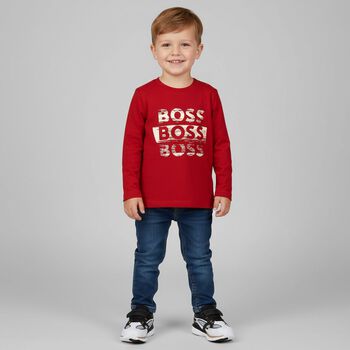 Younger Boys Red Logo Long Sleeve Top