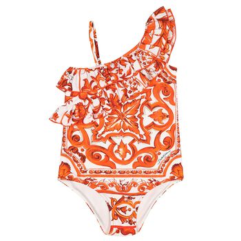Girls White & Orange Majolica Swimsuit