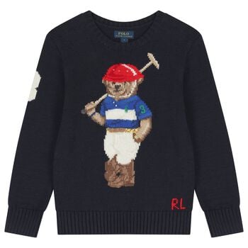 Boys Navy Blue Polo Bear Logo Knitted Sweatshirt