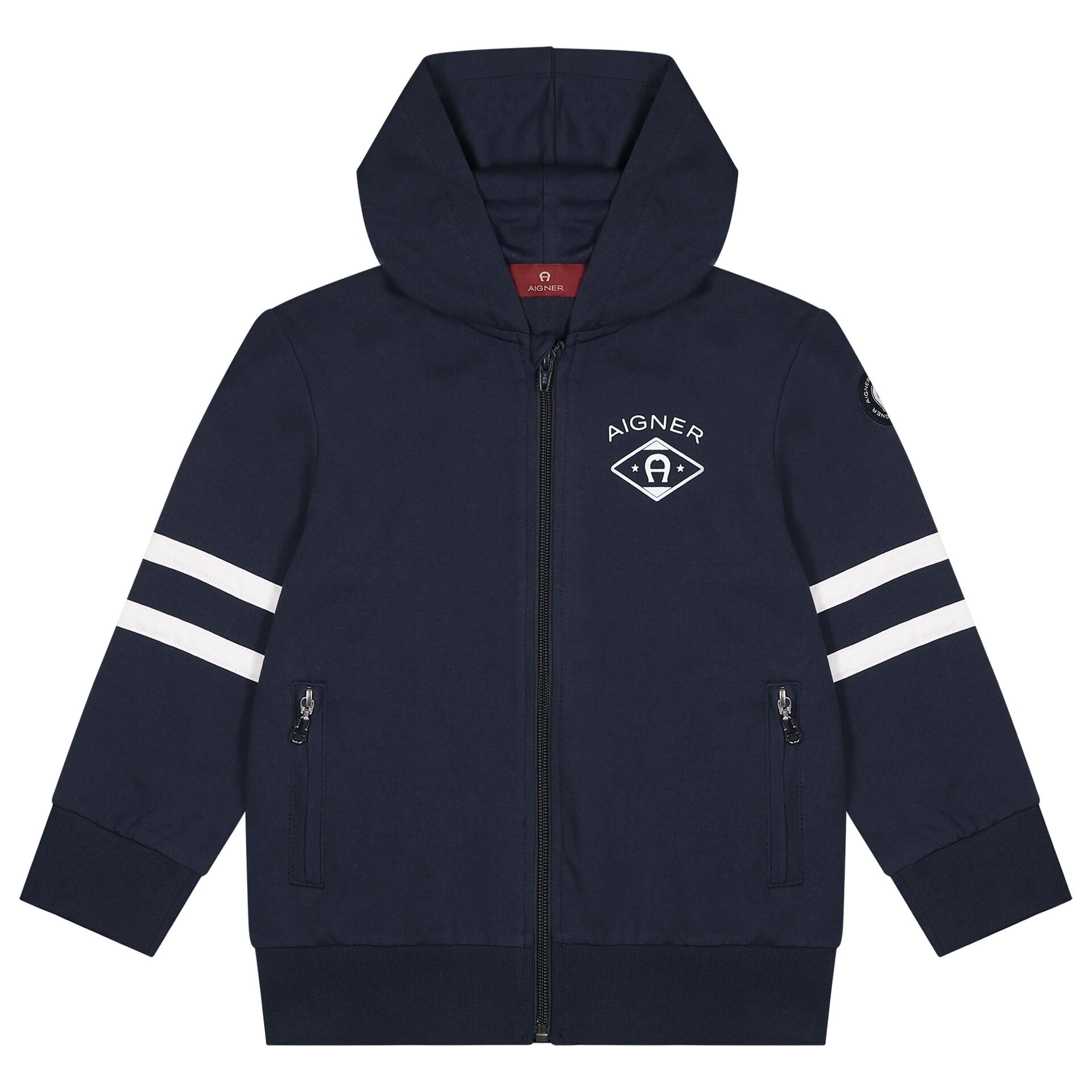 STONE  JUNIOR ネイビーパーカー Aigner Boys Navy Blue Logo Hooded Zip Up Top | Junior Couture