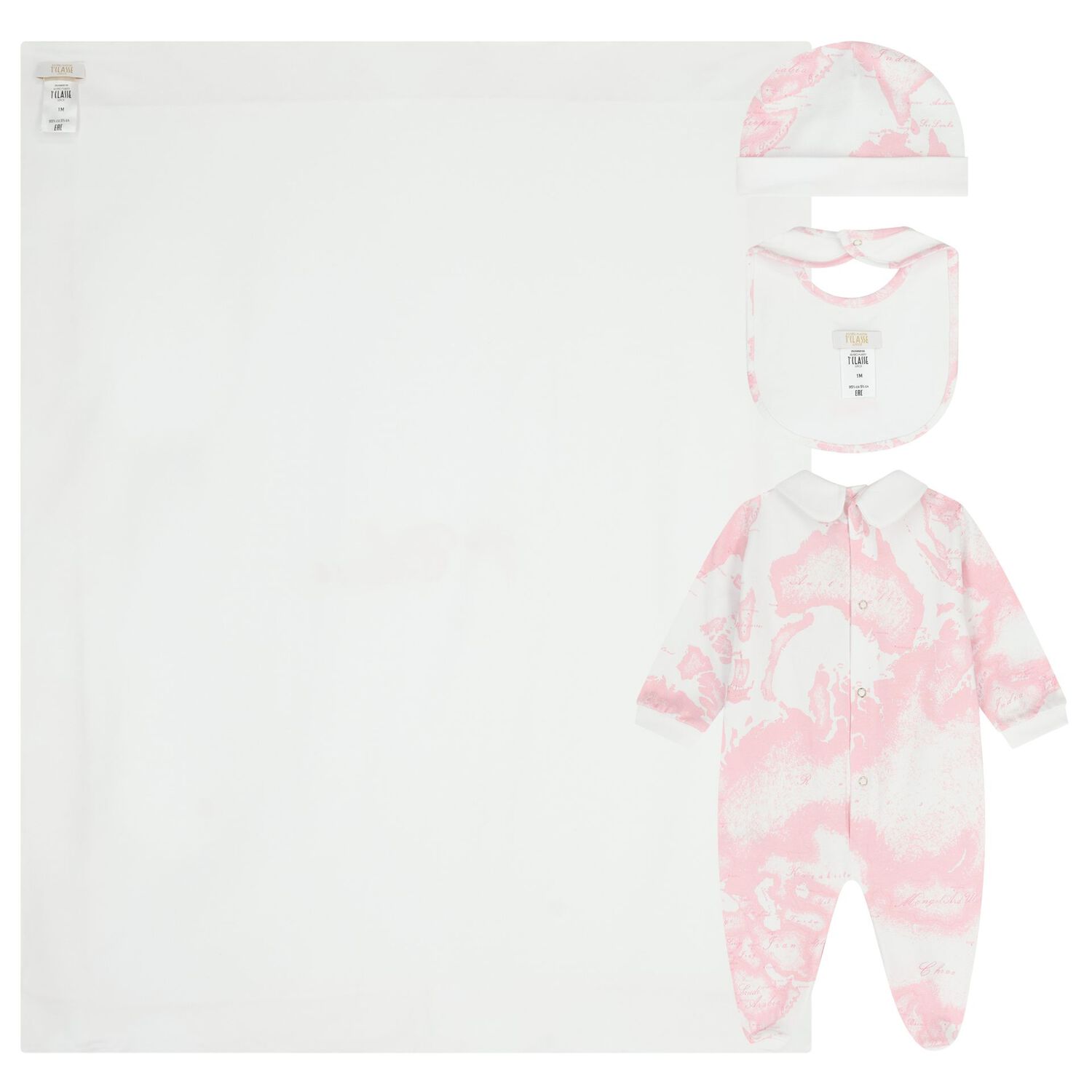 طقم هدايا ملابس اطفال بنقشة خريطة جغرافية باللونين الابيض و الوردي للبنات , 2, hi-res