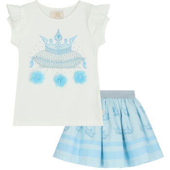 Girls White & Blue Embellished Crown Skirt Set