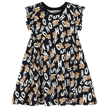 Girls Black Teddy Bear Logo Dress