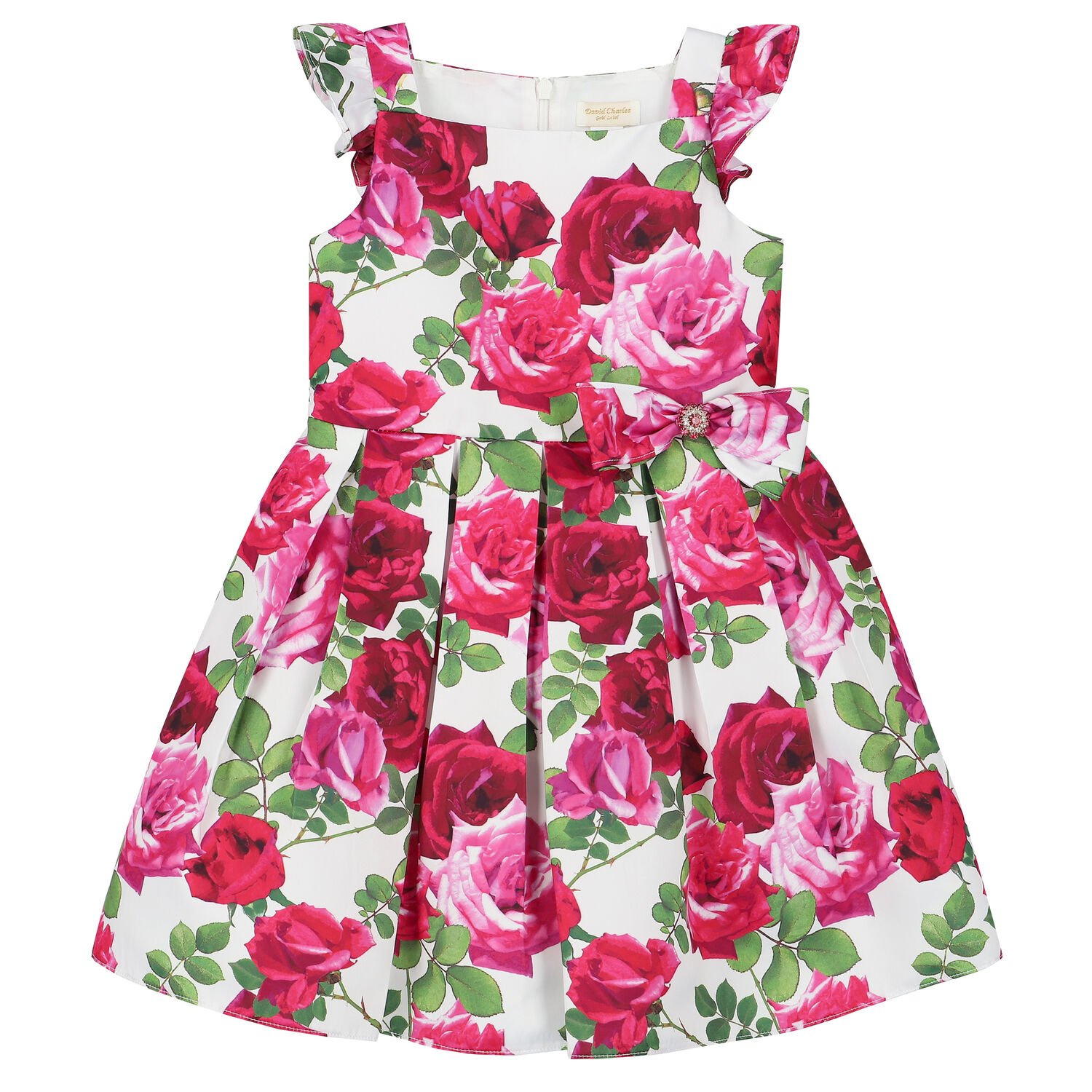 Girls White & Pink Rose Satin Dress, 1, hi-res image number null