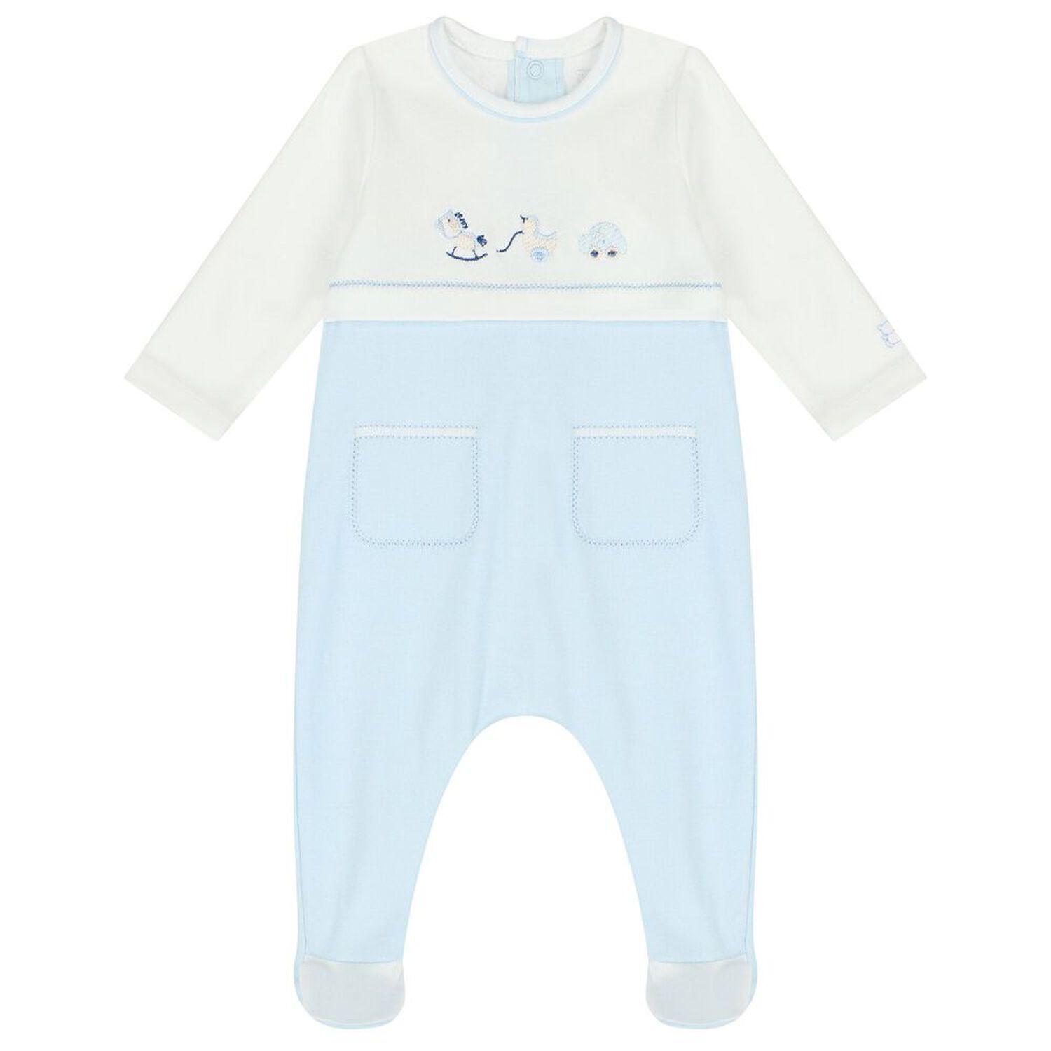 Baby Boys White & Blue Embroidered Babygrow Set, 1, hi-res image number null