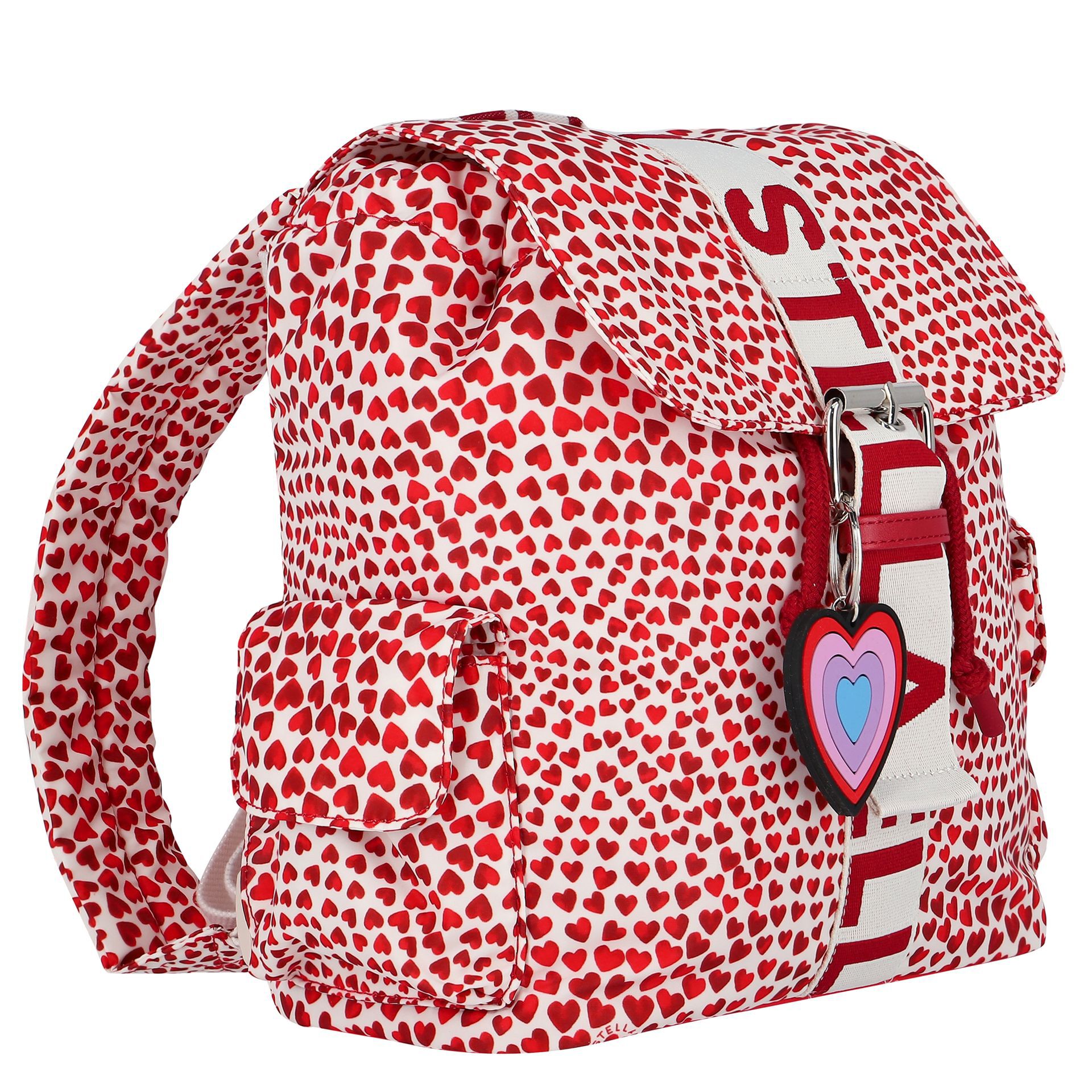 Stella McCartney Kidsハート柄　ハイサマーハーツバックパック Stella McCartney Girls Ivory & Red Hearts Backpack | Junior Couture