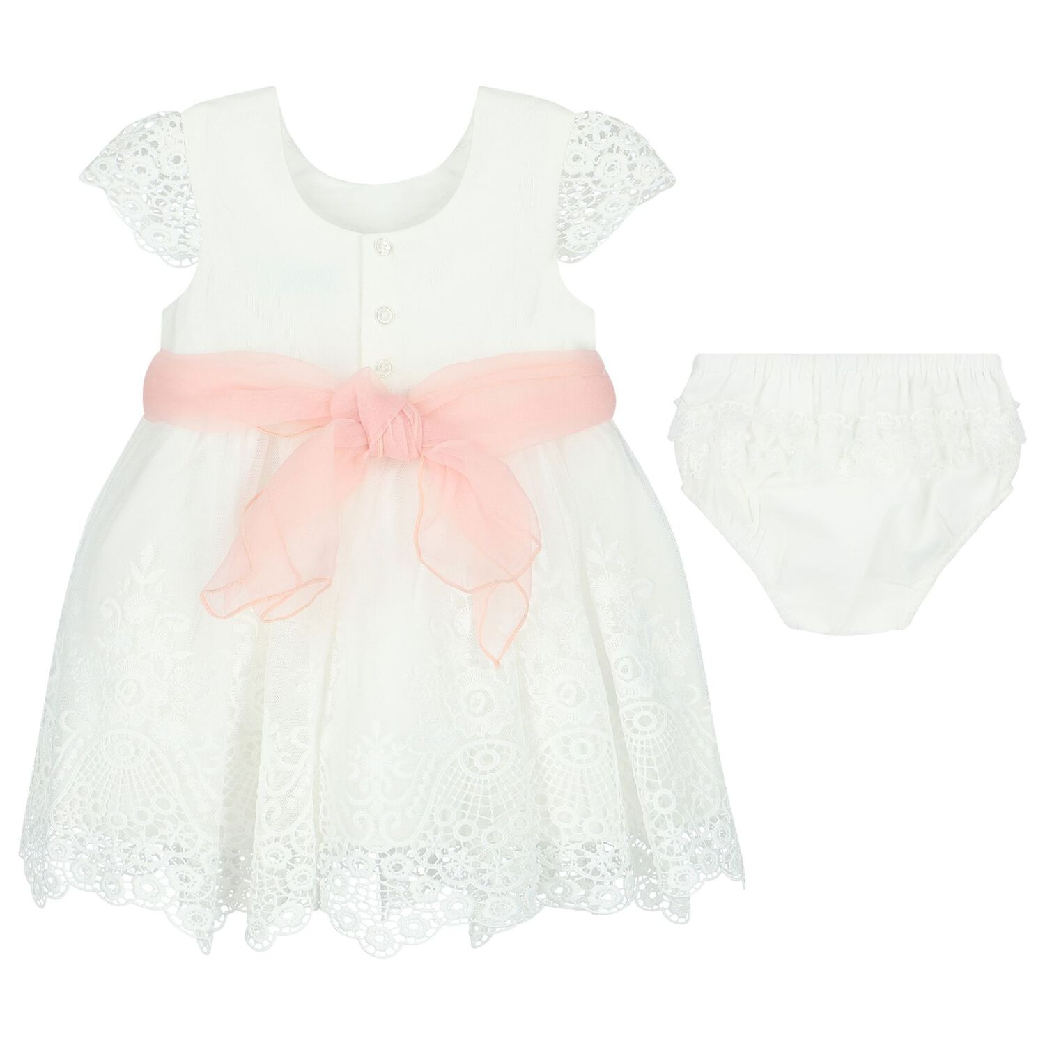 Younger Girls White Flower Lace & Tulle Dress, 1, hi-res