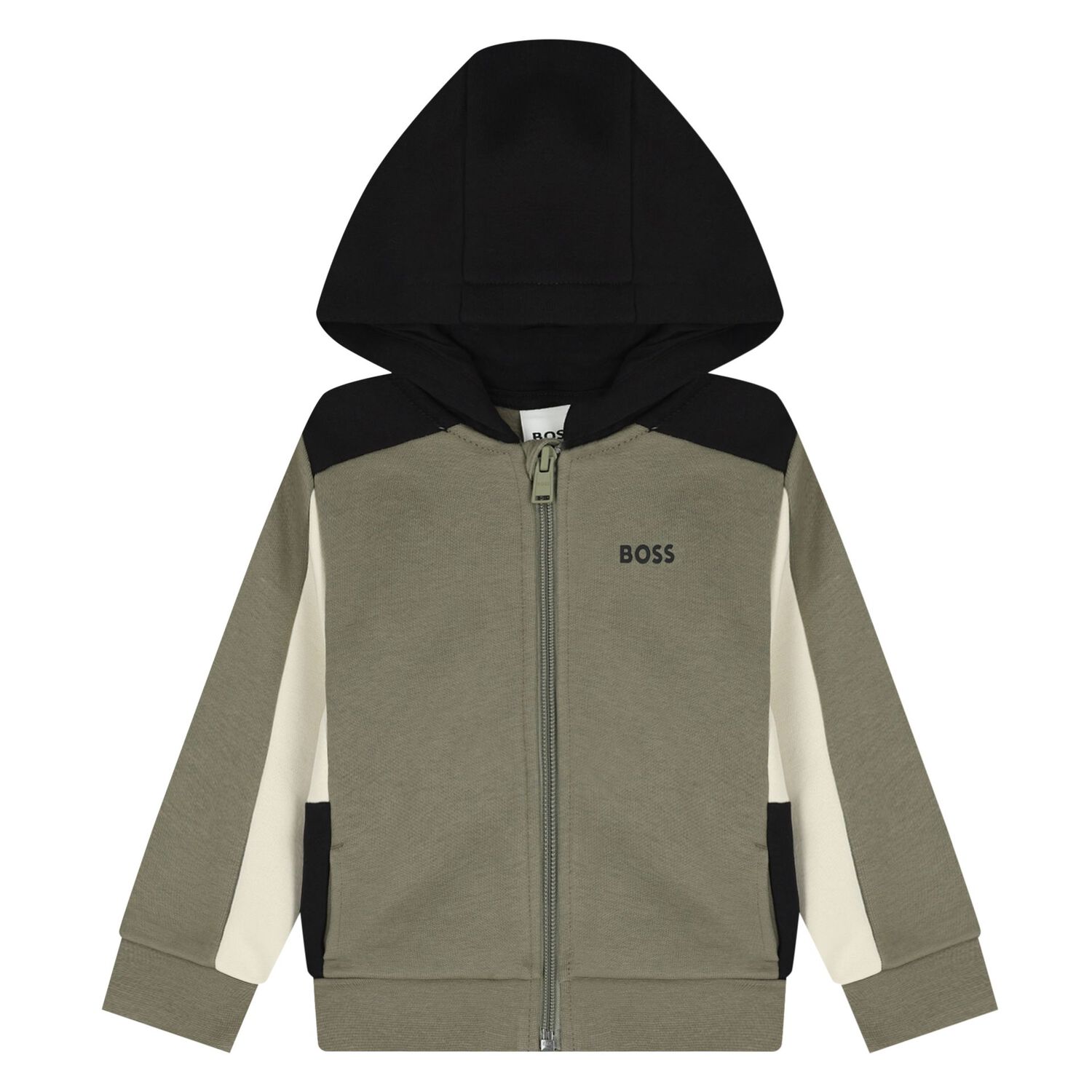 Younger Boys Green, Ivory & Black Hooded Zip Up Top, 2, hi-res