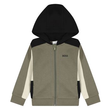 Younger Boys Green, Ivory & Black Hooded Zip Up Top