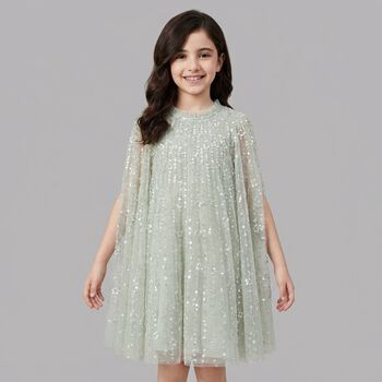 Girls Green Sequin & Star Tulle Cape Dress
