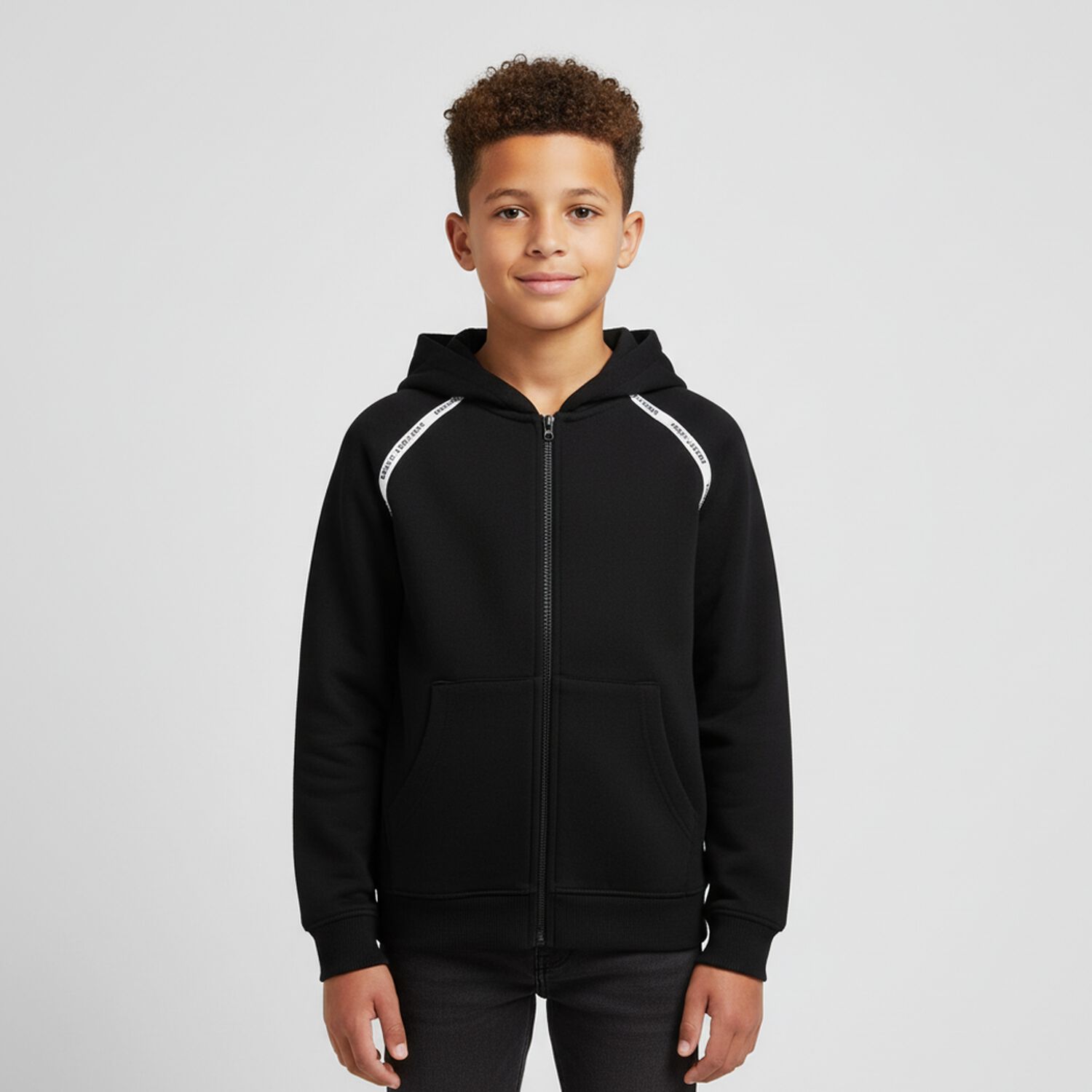 Black Logo Hooded Zip Up Top, 1, hi-res