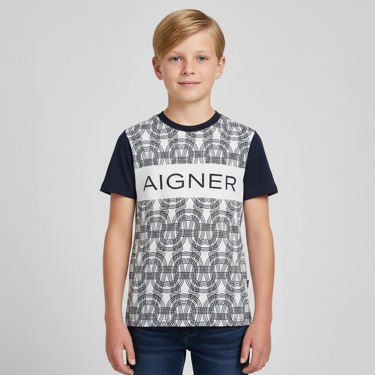 Boys White & Navy Blue Logo T-Shirt, 1, hi-res