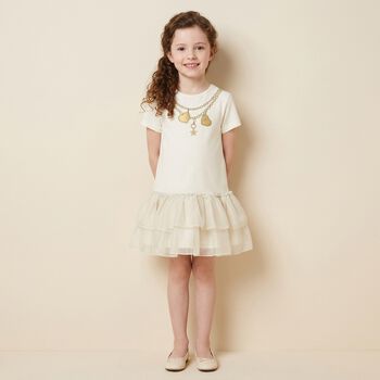 Younger Girls Ivory Necklace Logo Dress