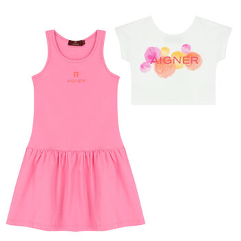Girls White & Pink Logo Dress Set