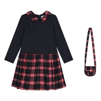Girls Navy Blue Tartan Dress Set