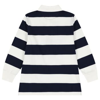 Boys White & Navy Blue Striped Polo Shirt