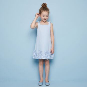 Girls Blue Crepe Floral Lace Dress