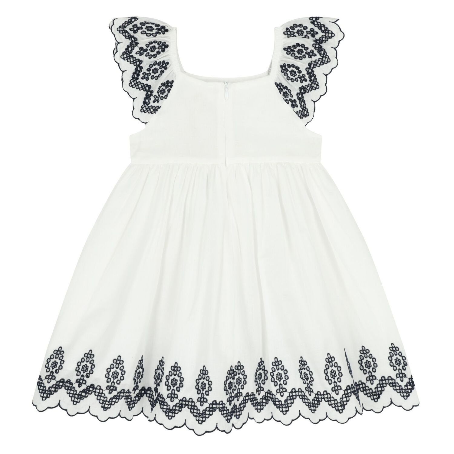 Girls White & Navy Blue Embroidered Dress, 1, hi-res