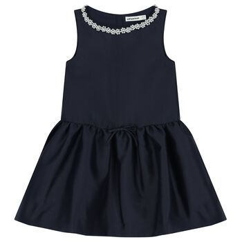 Girls Navy Blue Pearl Satin Dress