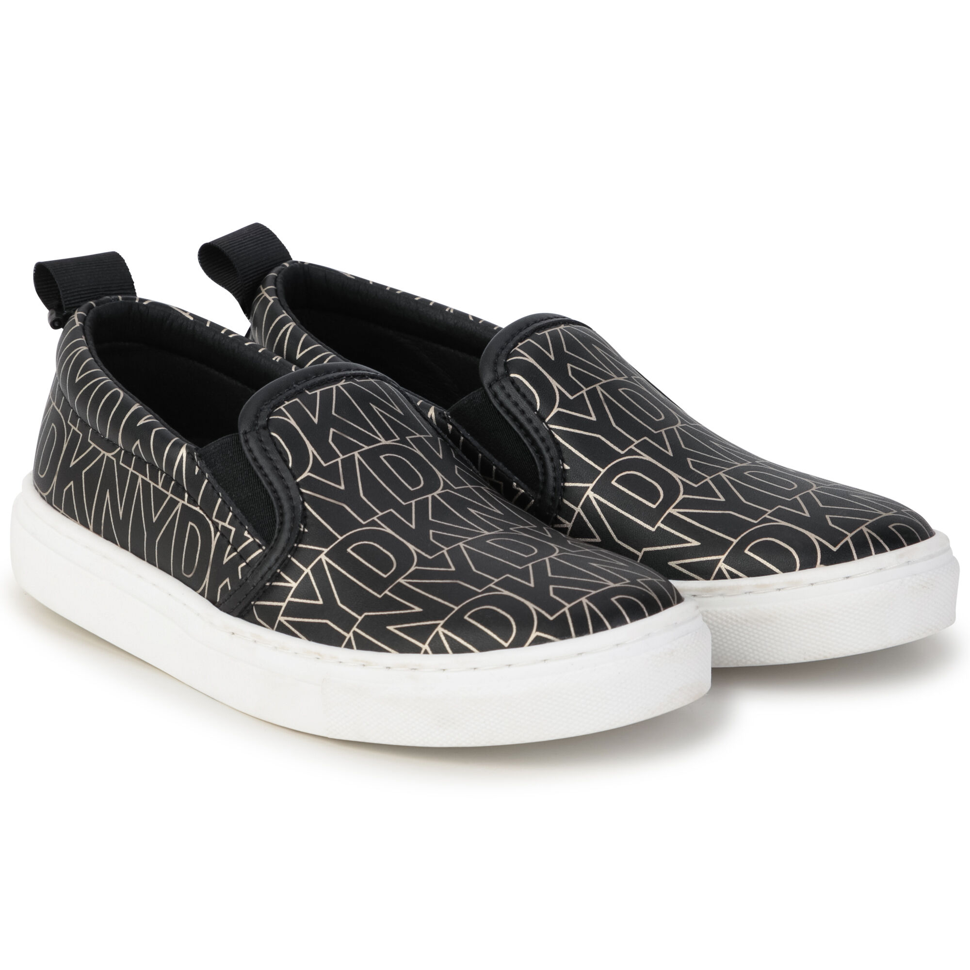 DKNY Girls Black Gold Logo Trainers Junior Couture