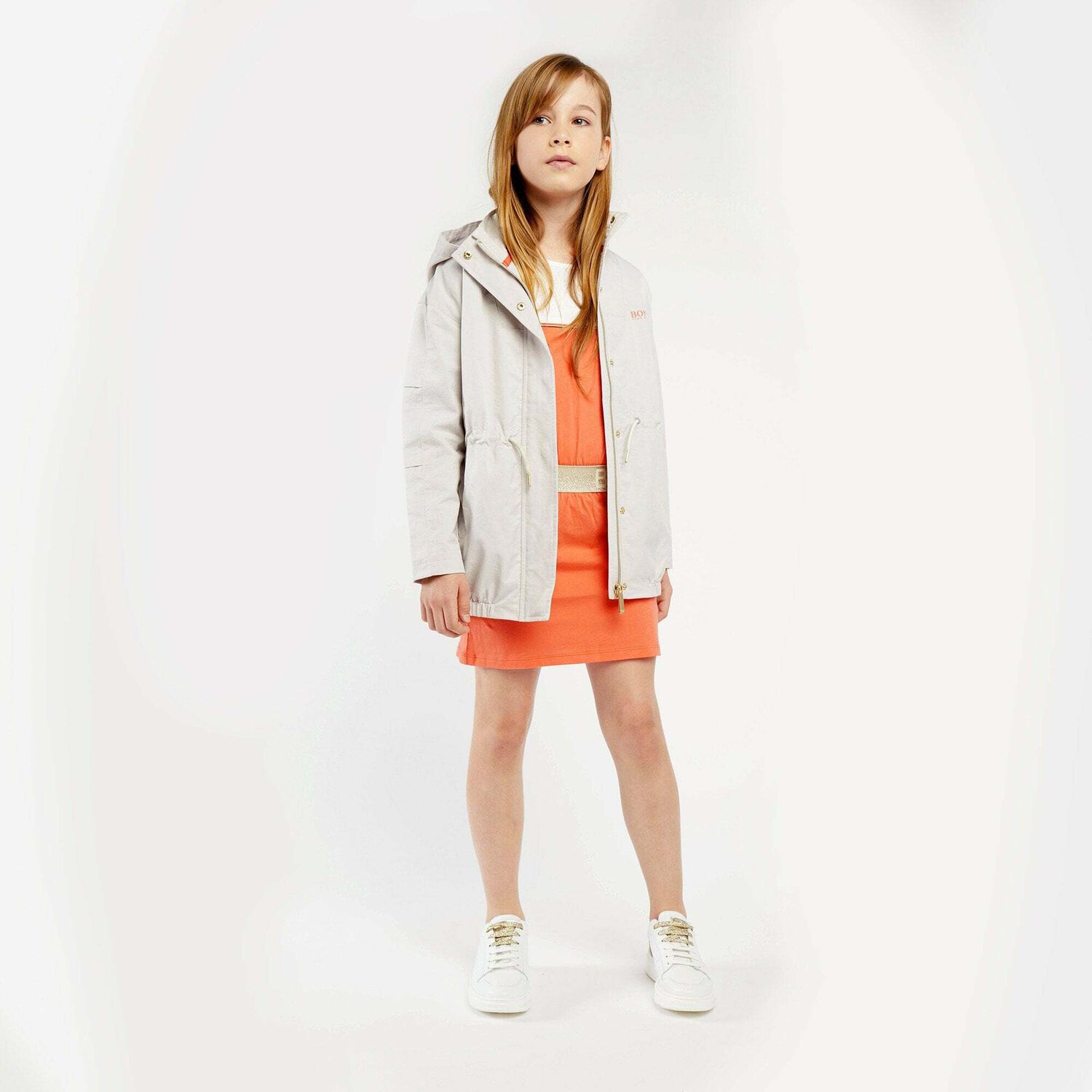 Girls Orange & White Logo Dress, 1, hi-res