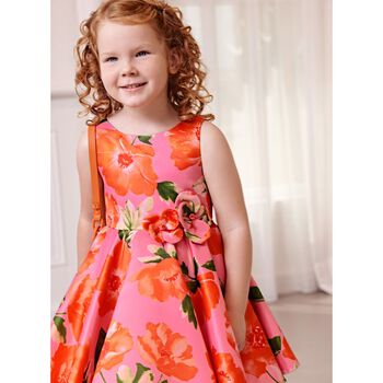 فستان بنات بطبعة الزهور باللون الوردي والبرتقالي