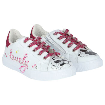 Girls White & Pink Disney Leather Trainers