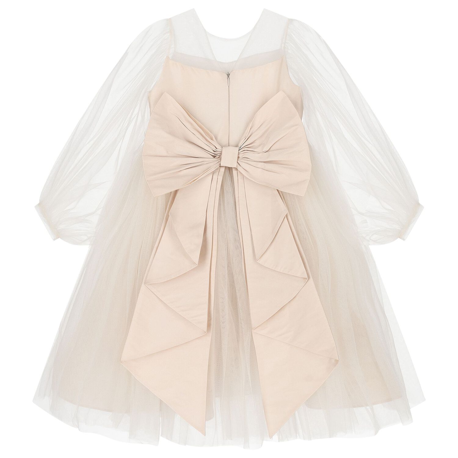Girls Beige Bow & Tulle Ariel Dress, 1, hi-res