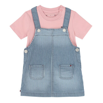 Baby Girls Pink & Blue Dungaree Dress Set