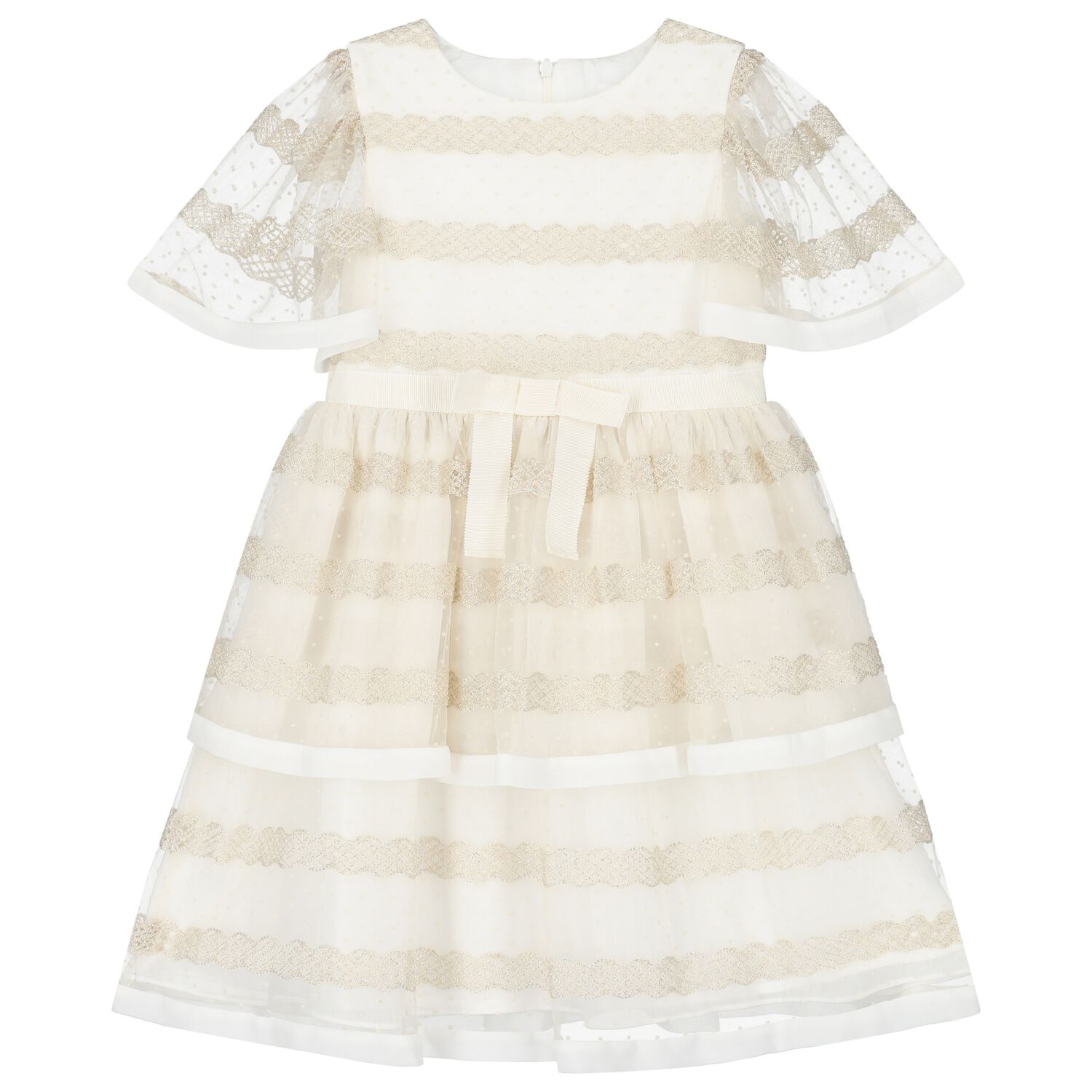 Girls White & Gold Tulle & Chiffon Dress, 1, hi-res