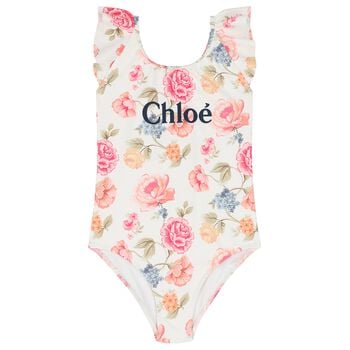 Girls White Floral Logo Swimsuit