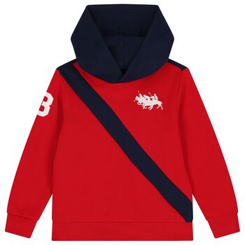 Boys Red & Navy Blue Logo Hooded Top