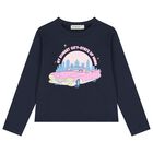 Girls Navy Blue Car Logo Sleeve Top, 1, hi-res