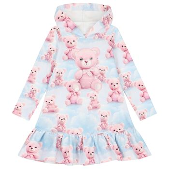Girls Blue & Pink Teddy Bear Hooded Dress