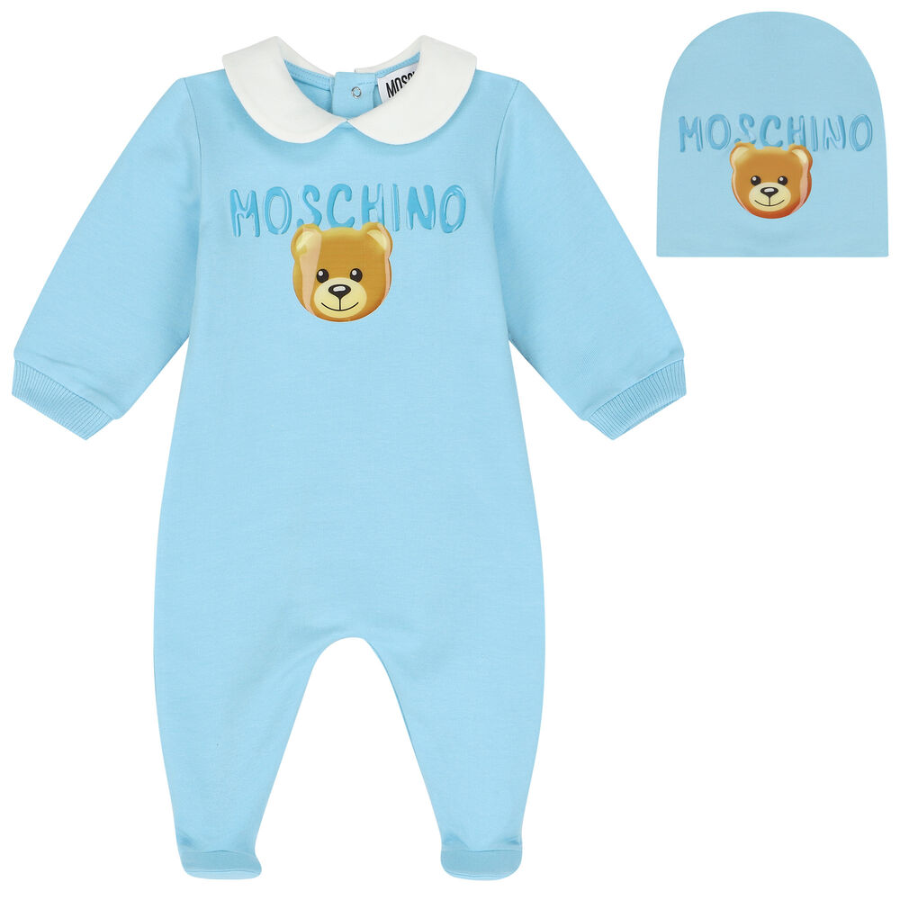 Moschino Blue Teddy Bear Logo Babygrow Gift Set | Junior Couture