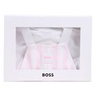 Baby Girls White & Pink Striped Logo Dungaree Set, 1, hi-res