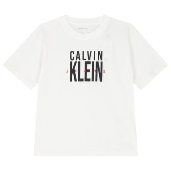 Boys White Logo Print Cotton T-Shirt