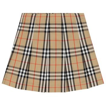 Girls Beige Check Pleated Skirt