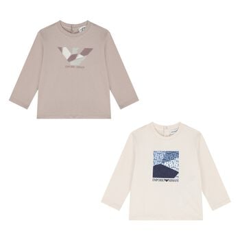 Younger Boys Beige & Ivory Logo Long Sleeve Top ( 2-Pack )