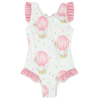 Girls White & Pink Balloons Swimsuit