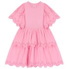Girls Pink Broderie Anglaise Dress, 1, hi-res