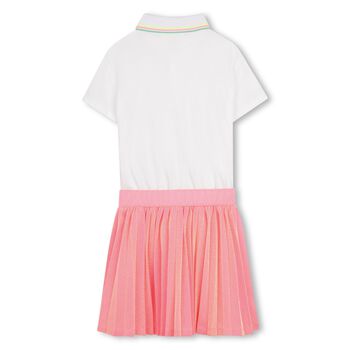 Girls White & Neon Pink Pleated Dress