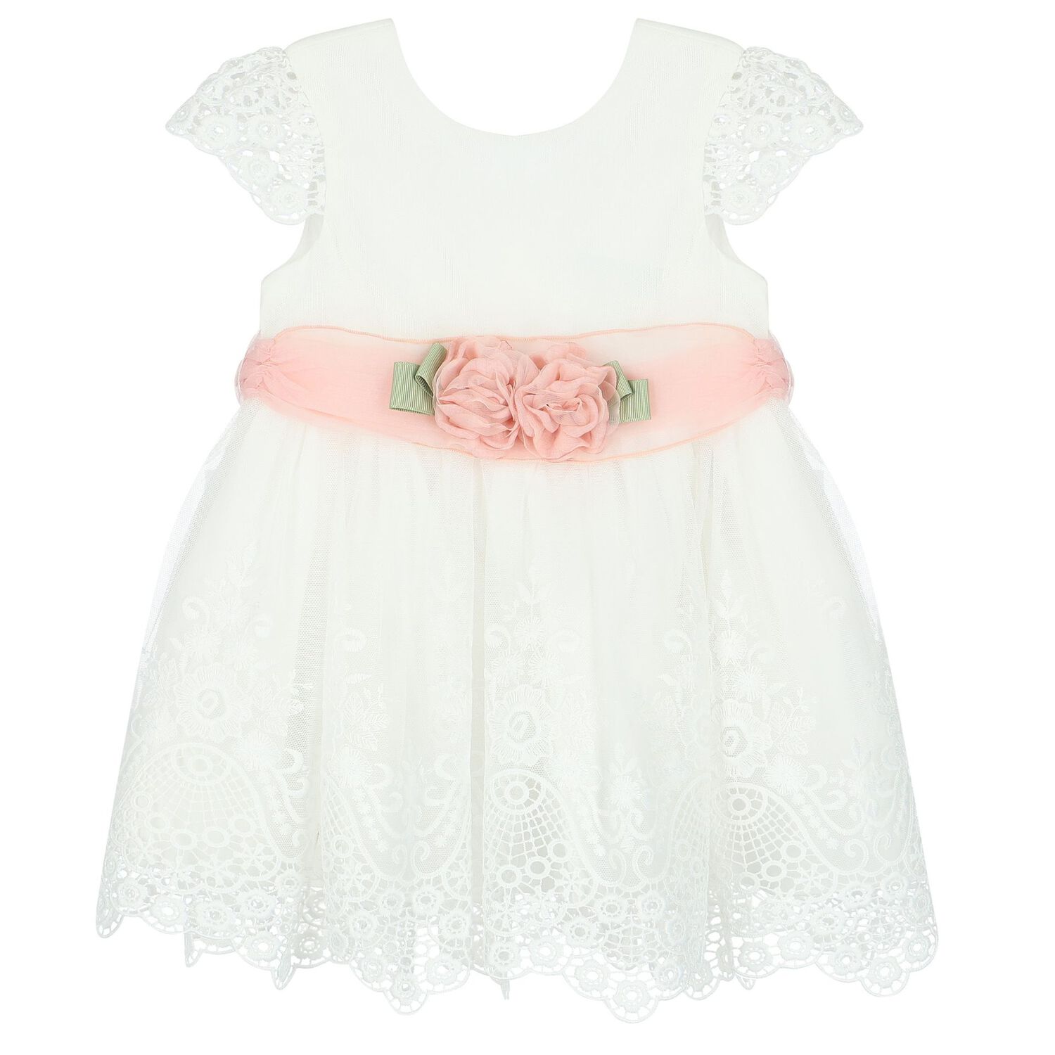 Younger Girls White Flower Lace & Tulle Dress, 1, hi-res