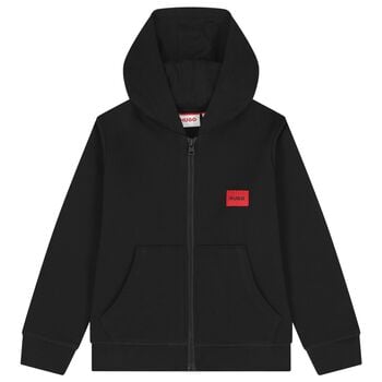 Boys Black Logo Hooded Zip Up Top
