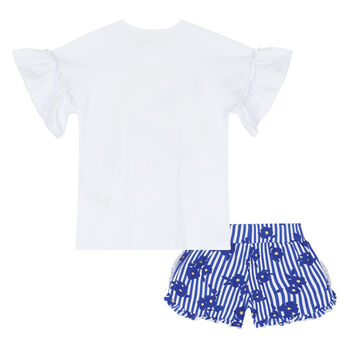 Girls White & Blue Camera Shorts Set